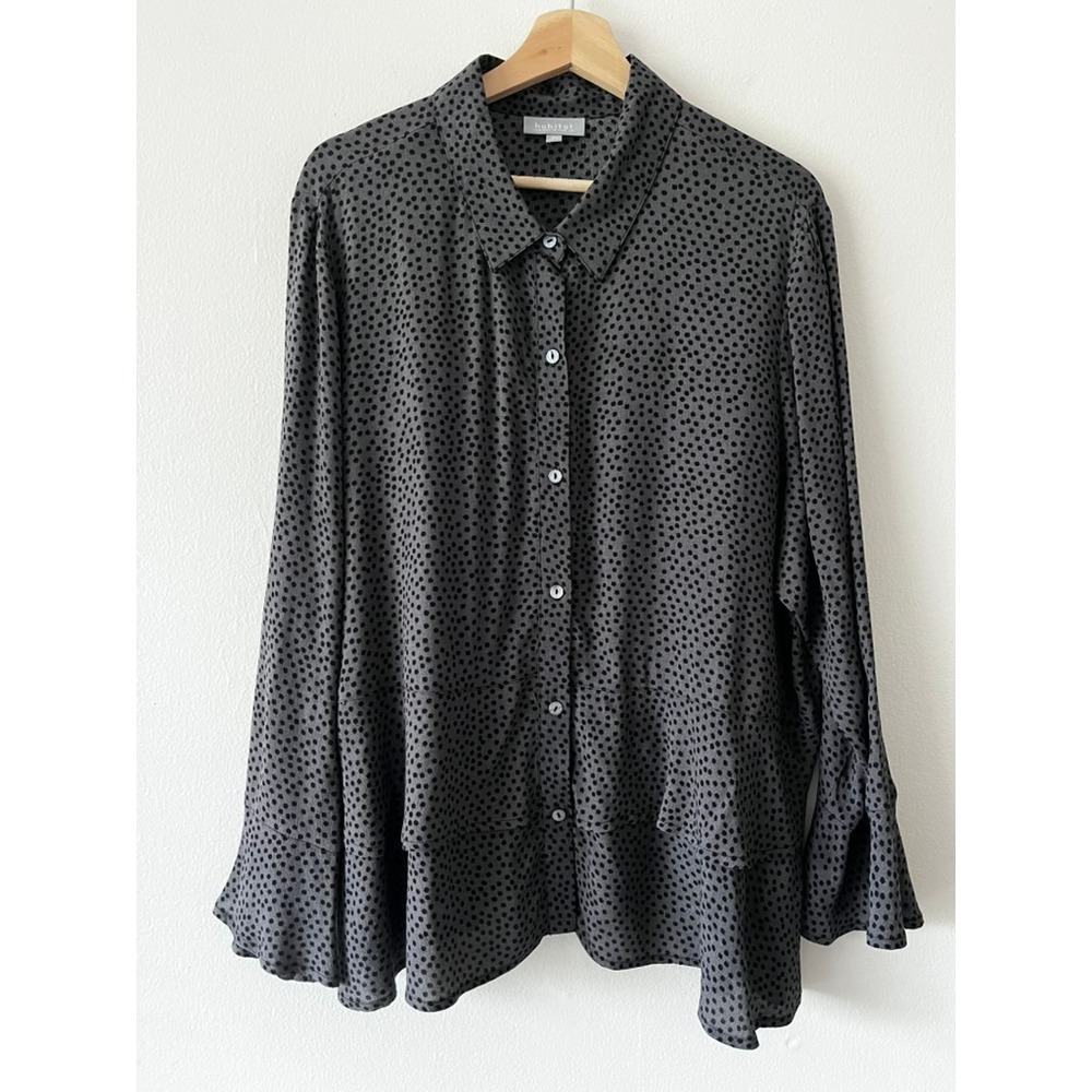 Habitat‎ Button Down Blouse Polka Dots Ruffle Hem Flutter Sleeve Cuff size XL